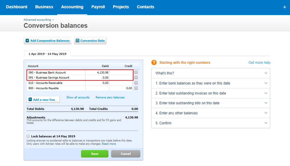 Xero conversion balance