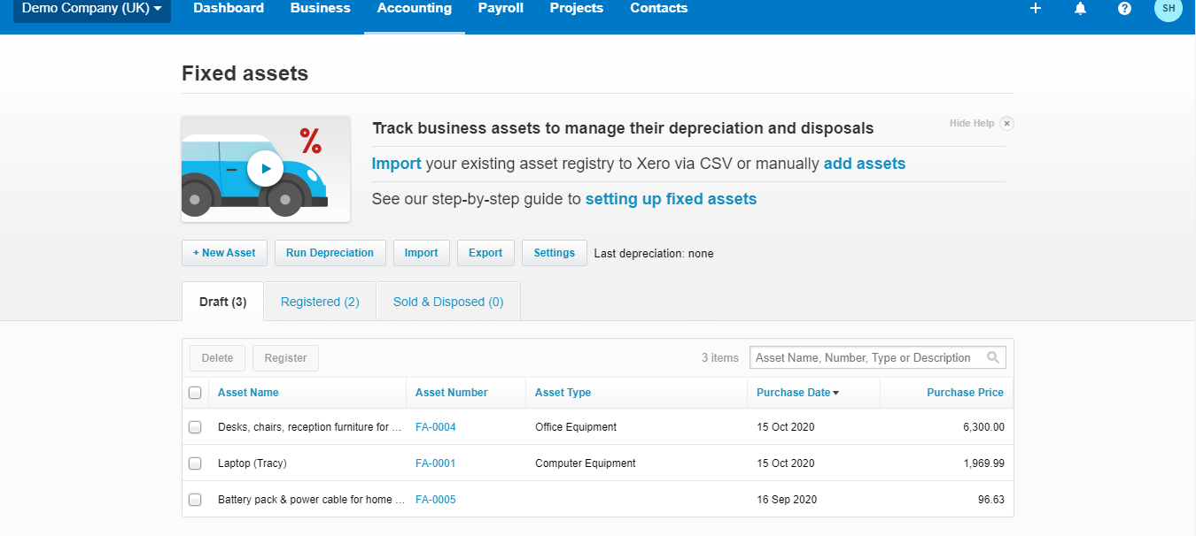 Fixed assets to be registered